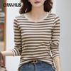 Весенне-осенняя женская блузка с круглым вырезом, модный тонкий топ с длинными рукавами в полоску