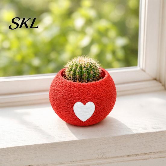 Round Mini Planter 3D Printed Planter, Flower Pot, Small Heart Red Plant Container for Cactus, Herbs, Plants, Home Office Desk Decor Desktop