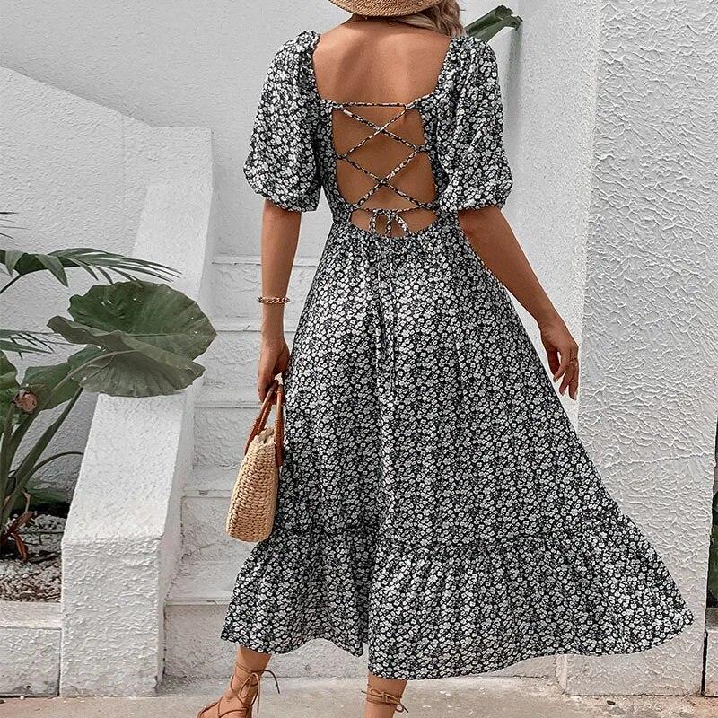 Qybian Women's Floral Backless V-Neck Midi Dress Short Sleeve Boho Summer Beach Long Dress High Low Hem Dress Women Sexy Wear