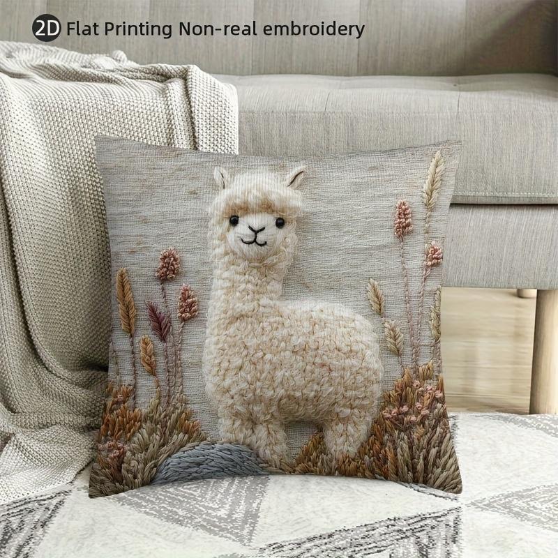 Cute Alpaca Pillow Cover 2D Print Fluffy Alpaca On Grassland Cushion Case For Sofa Bed Couch Boho Farmhouse Decor