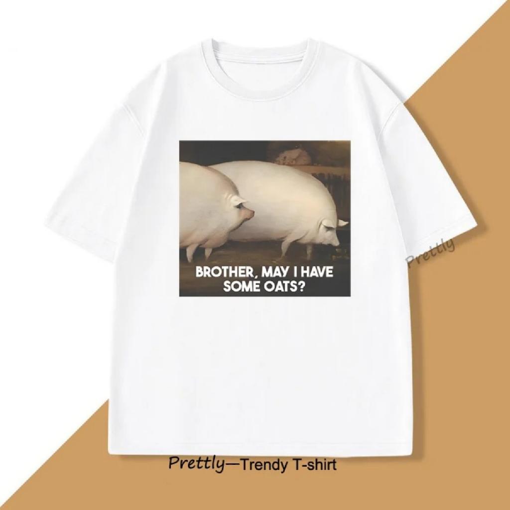 Brother May I Have Some Oats T Shirt Pig Meme Tee Shirt Funny Animal T-Shirt Loose Tshirt Fashion Crewneck T-Shirt Streetwear