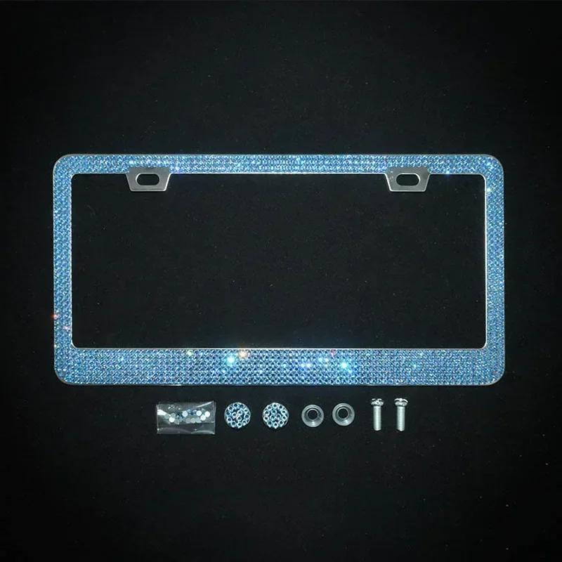 1/2pcs Bling Crystal License Plate Frame Luxury Car Frame Plate with Button Diamond Car License Plate Frame Cover for Women