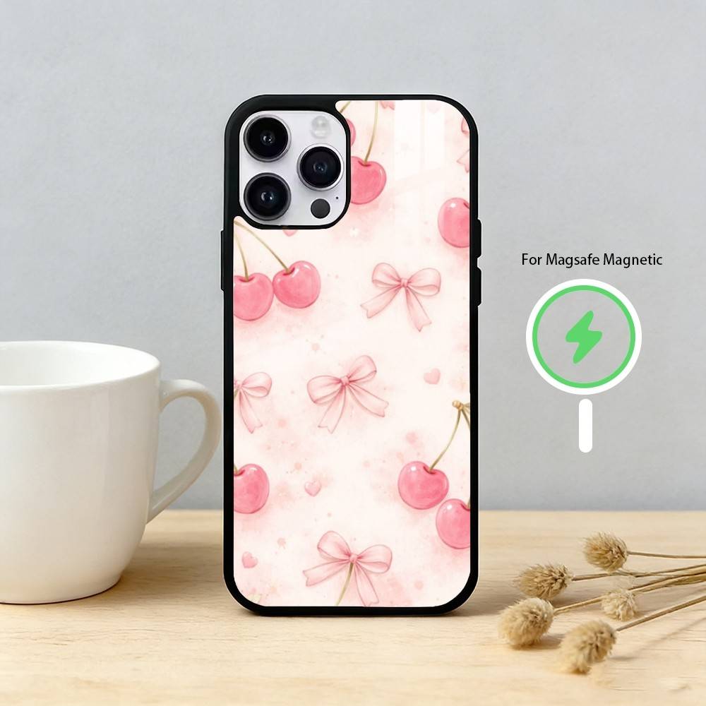Чехол для телефона с вишнями и бантами для iPhone 17/16/15/14/13/12/Plus/Pro/Max для магнитной беспроводной зарядки