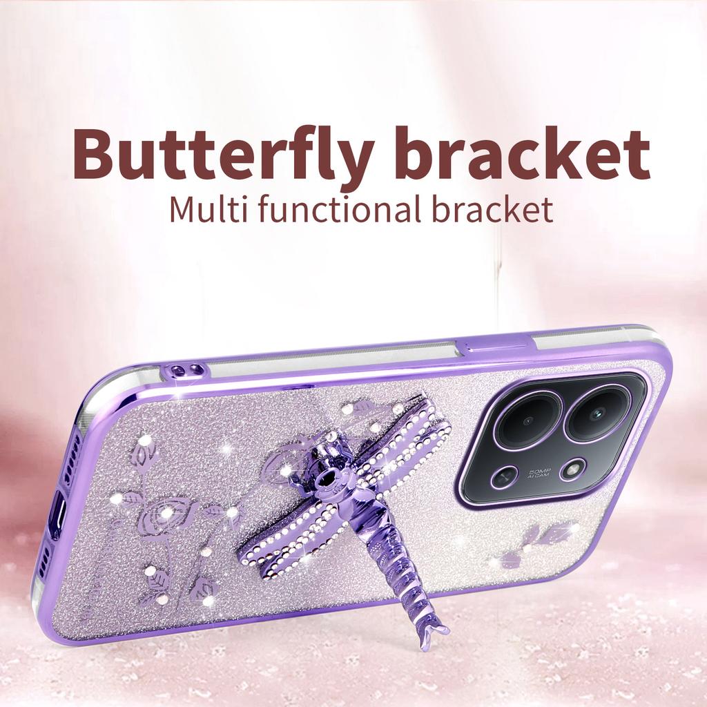 Phone Case For Xiaomi Redmi 15C 4G (EU) (173mm)/15C 5G (EU) (173mm)/Poco C85 Dragonfly Kickstand TPU Flowers Glitter Cover