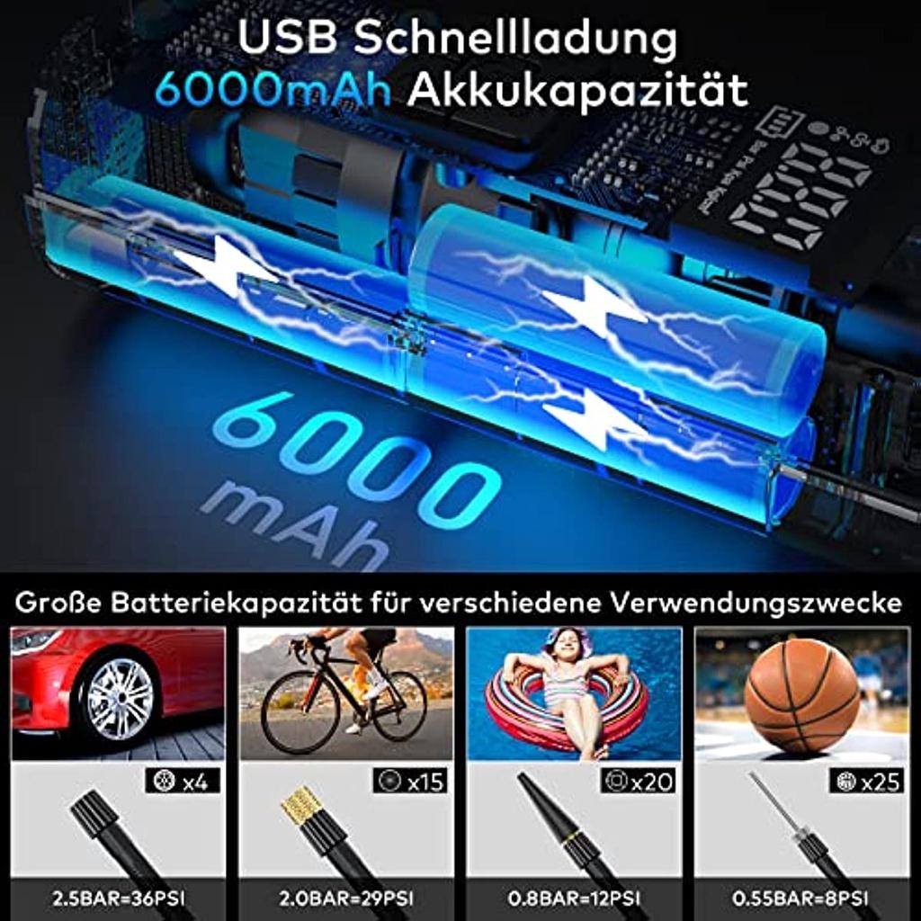 Электрический воздушный насос с аккумулятором 6000 мАч, портативный велосипедный насос 150 фунтов на квадратный дюйм для всех клапанов с цифровым ЖК-дисплеем, мини-компрессор со светодиодной подсветкой для велосипедного мотоцикла