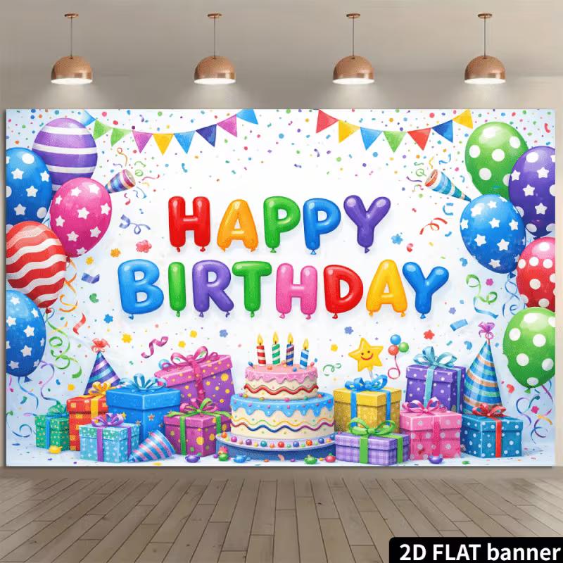2D Rainbow Confetti Happy Birthday Backdrop Banner for Children Party Supplies