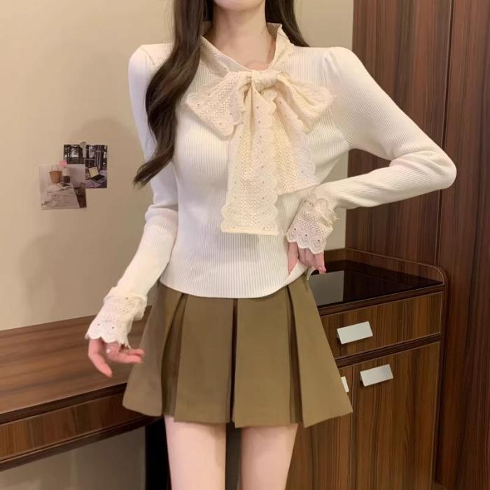 Bow knitted sweater women's autumn and winter new slim-fit inner design bottoming shirt atmosphere wear top