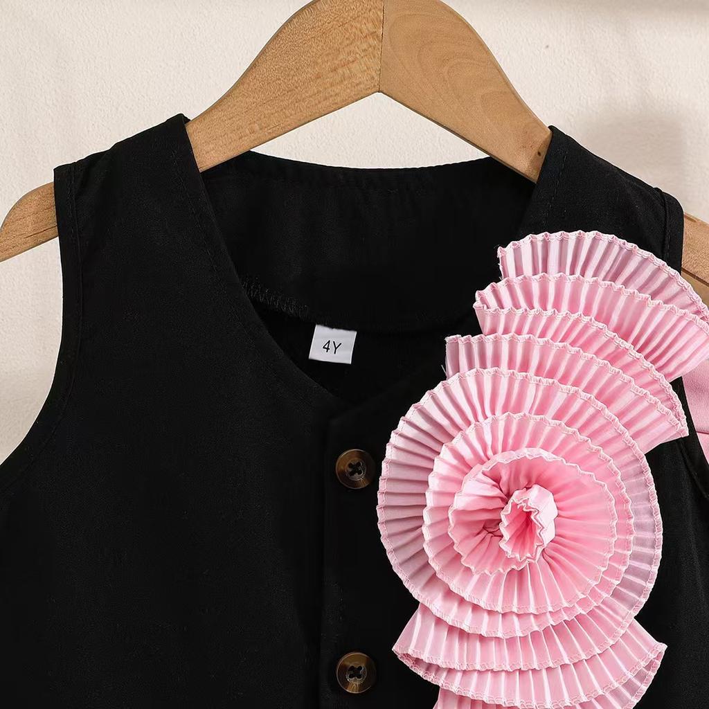 Детская одежда для девочек 4-8 лет, летний комплект, топ без рукавов с цветочным принтом + розовая плиссированная юбка, милый комплект с юбкой