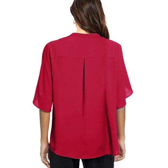 Yousheng Women Tops V-Neck Button Decor Half Sleeve Chiffon Blouse Solid Color Loose Fit Breathable Shirt Tops Daily Wear