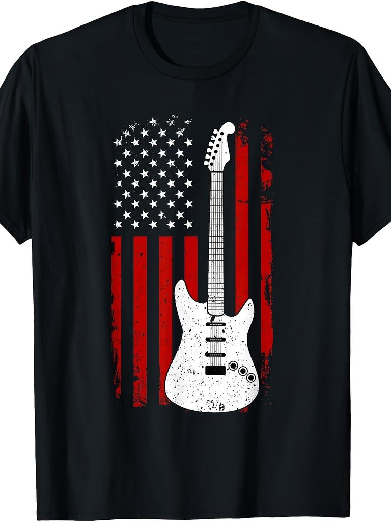 Guitar American US Flag Music Player Electric Guitarist Gift TShirt1 Retro Casual Crew Neck Printed T-Shirt