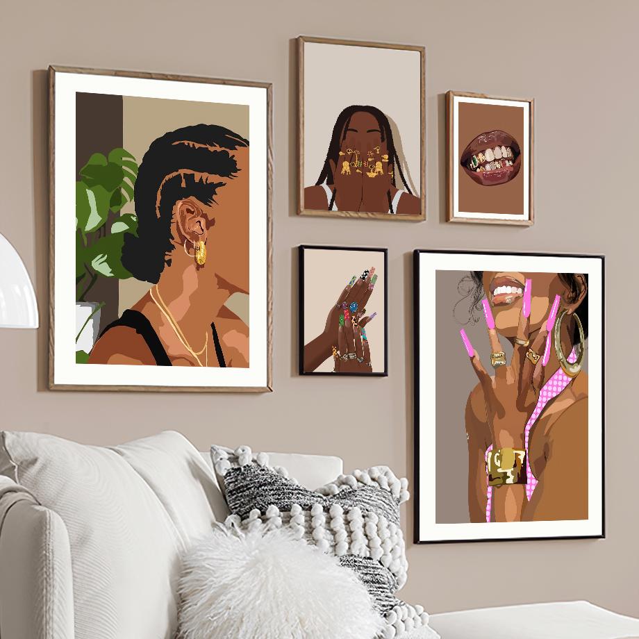 Черная модная девушка, парикмахерская, дизайн ногтей, салон, декор для гостиной, плакат и принт, настенная живопись на холсте, настенные панно Hoem