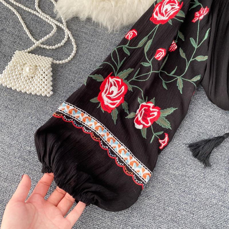 RUGOD Весенне-осенний праздник, этнический стиль, ретро, ​​тяжелая промышленность, вышивка, цветы, зарубежный стиль, рукава-фонарики, свободный универсальный топ