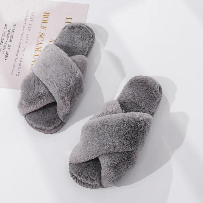 Winter Women House Slippers Faux Fur Fashion Warm Shoes Woman Slip On Flats Female Slides Black Pink Cozy Home Furry Slippers