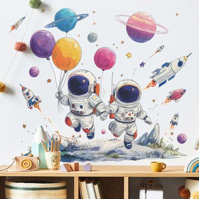 Мультяшные наклейки на стену «Астронавт, ракета и планета» для детской спальни