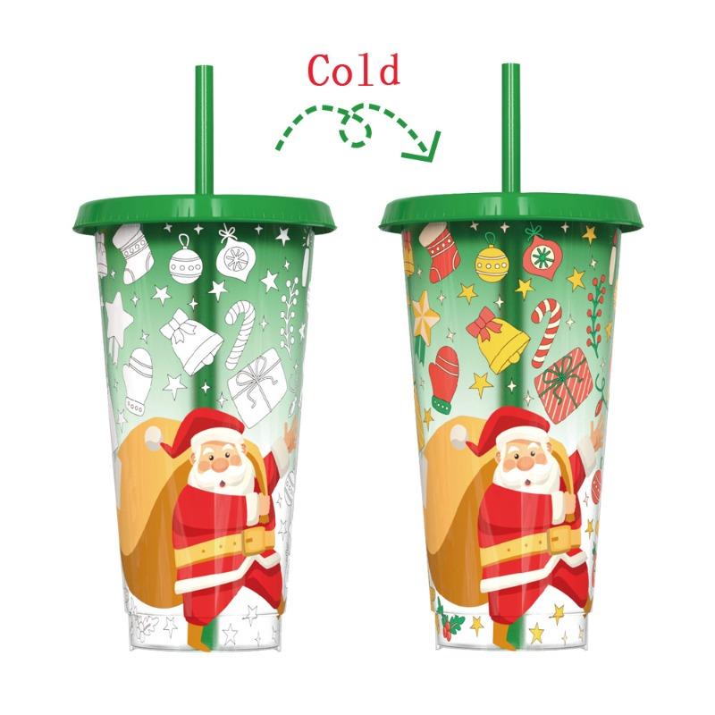 701-800ml Christmas Color Changing Straw Cup Santa Design Microwave Safe Reusable Plastic Large Capacity Set for All Seasons