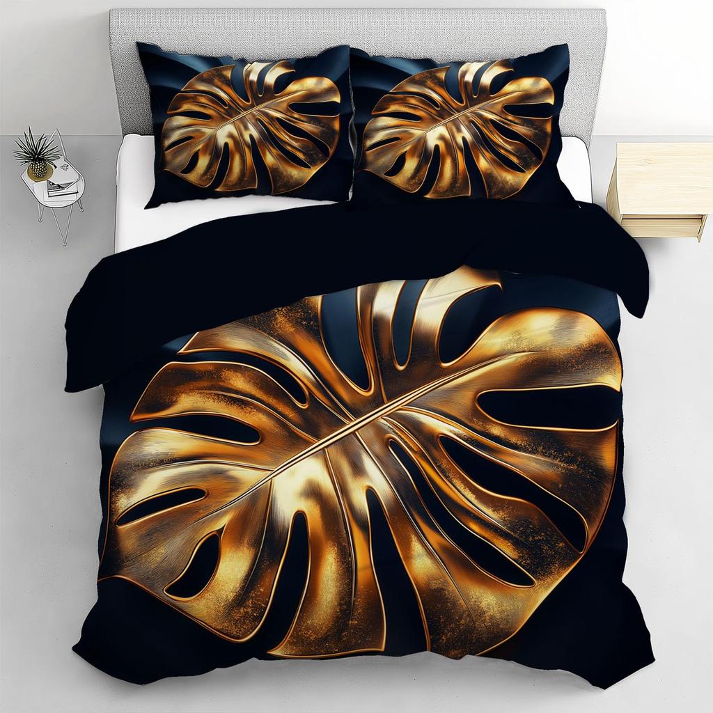 Роскошный золотистый цветочный комплект пододеяльника Черный золотистый декор листьев растений Покрывало Модный комплект постельного белья с растительным принтом на молнии