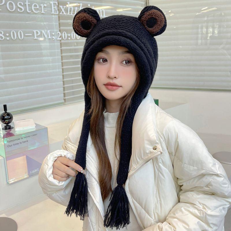 Шапка-лягушка, женская вязаная шапка, зимняя теплая, с кисточками, зимняя защита ушей, носок, зеленая шерстяная шапка