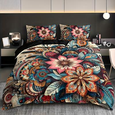 Комплект постельного белья с цветочным принтом Bohemian Mandala: 3шт (1 пододеяльник + 2 наволочки) - Вставки для подушек не входят в комплект, Рождественский подарок