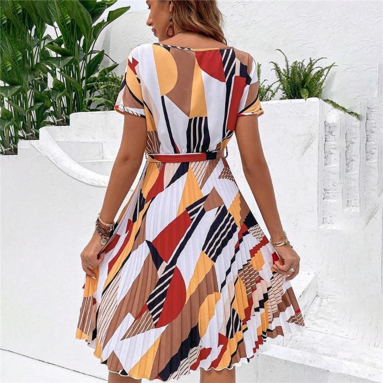 Women Summer Pleated Dress with Belt Round Neck Short Sleeve Medium Long