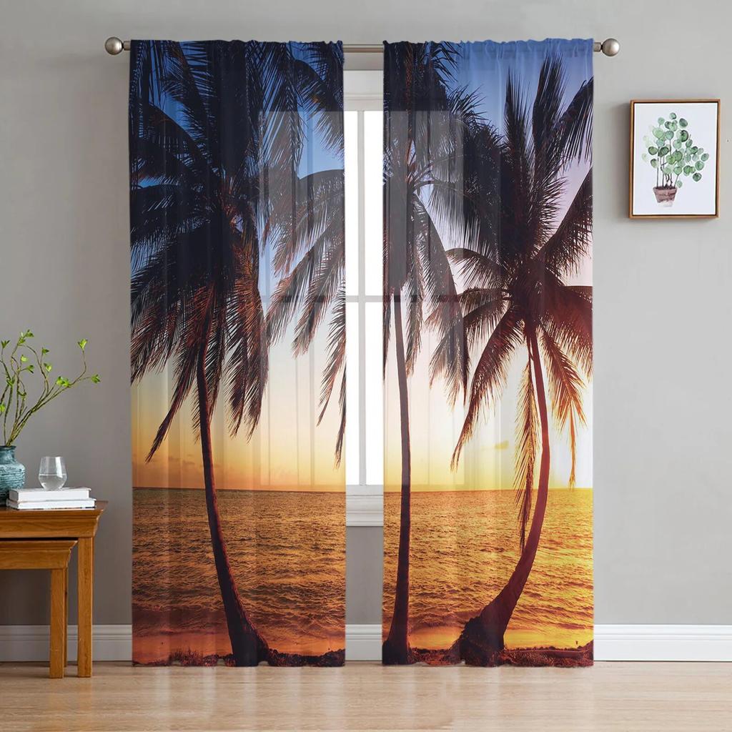 Modern Sheer Curtains Summer Beach Palm Trees Living Room Kitchen Children's Room Decoration Household Chiffon Window Curtains