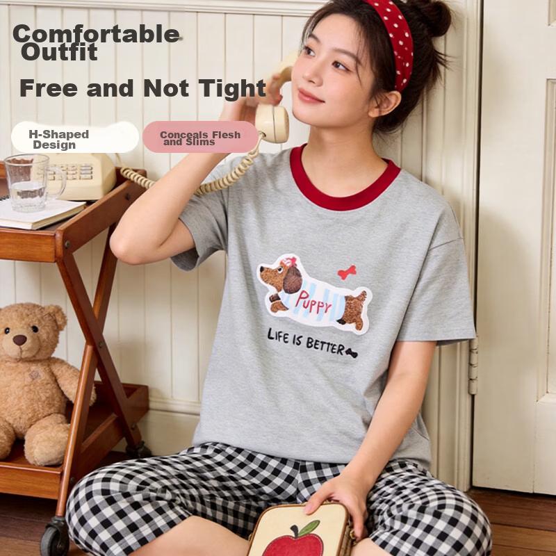 Urban Beauty Women's Pajamas 2026 New Summer Cotton Short Sleeve and Capri Pants Plaid Homewear Set