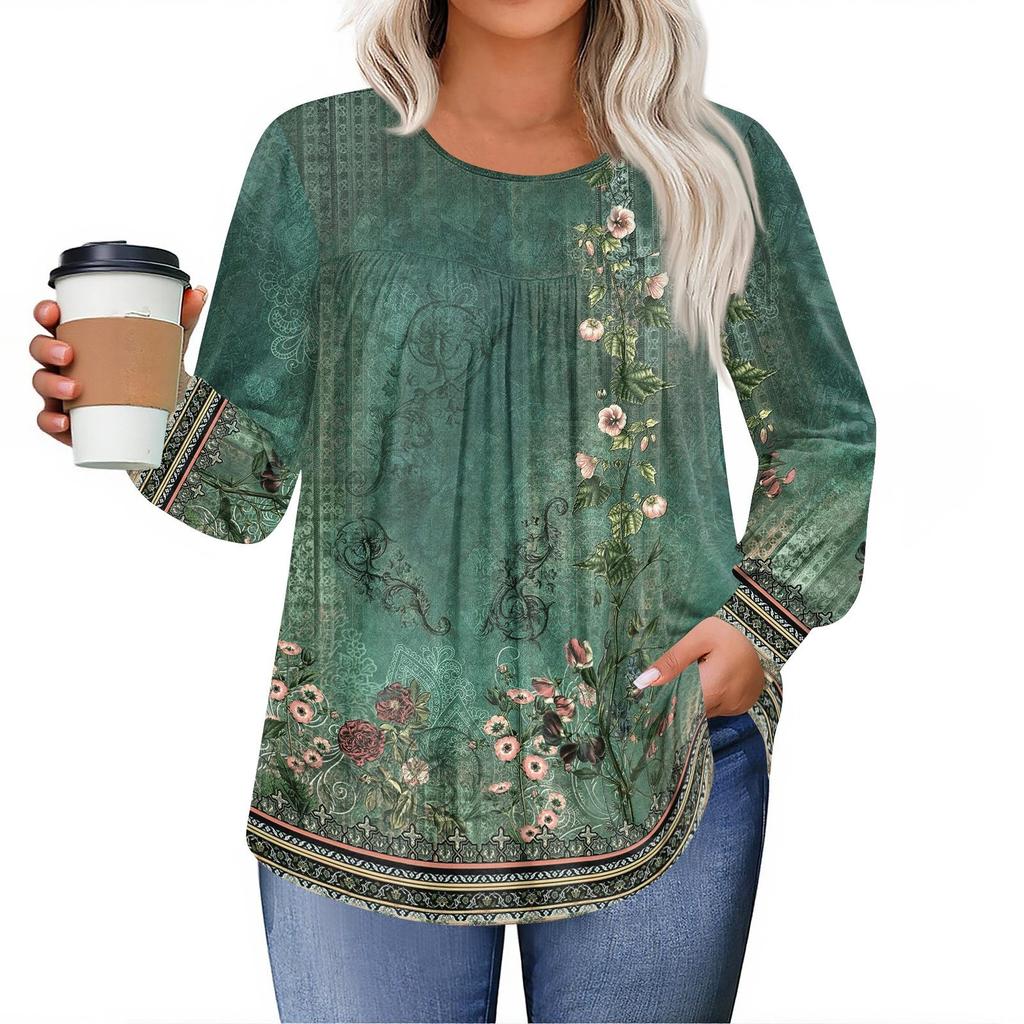 Womens Plus Size Tops Long Sleeve Shirts Round Neck Flowy Tunic Casual Loose Blouse L-5X