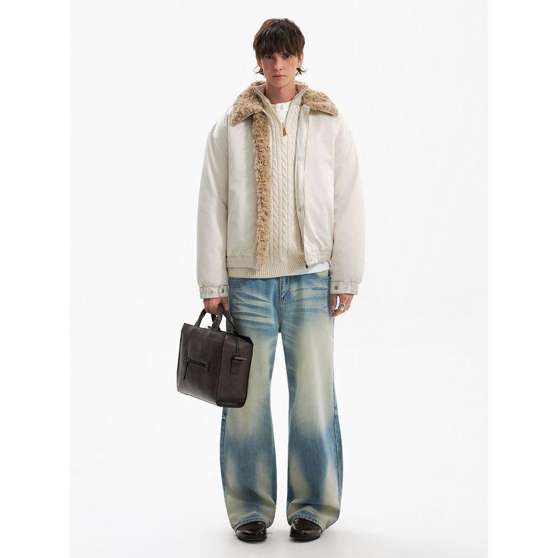 Blaexit Barn Style Jacket Cotton Coat Men's Winter Thickened Fleece-Lined Warm Cotton Coat with Lamb Wool Fur Collar Jacket