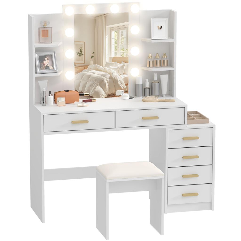 Vanity Table with Illuminated Mirror and Padded Stool, Vanity Set with 6 Drawers and Shelves, White