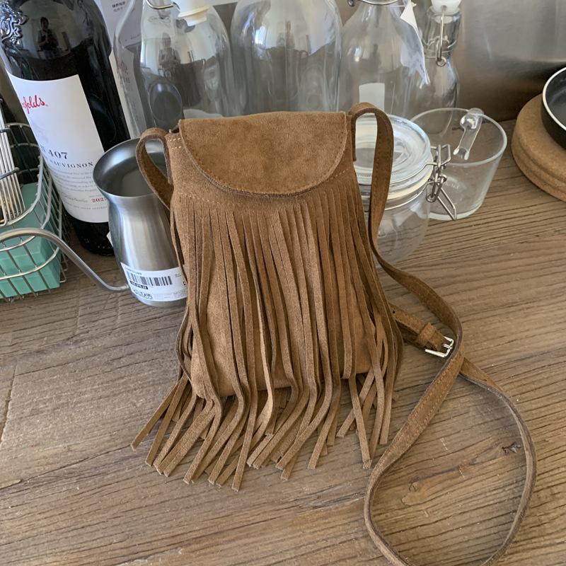 Bohemian ethnic style fringed retro deerskin velvet matte crossbody shoulder mobile phone bag mini small bag