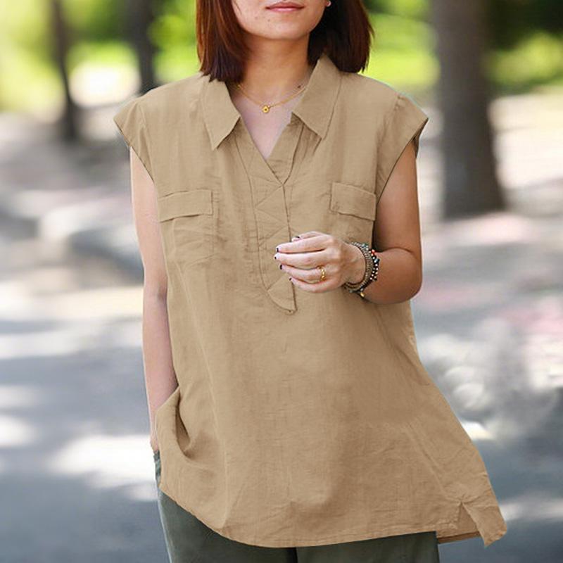 ZANZEA Женская повседневная летняя блузка без рукавов с отложным воротником