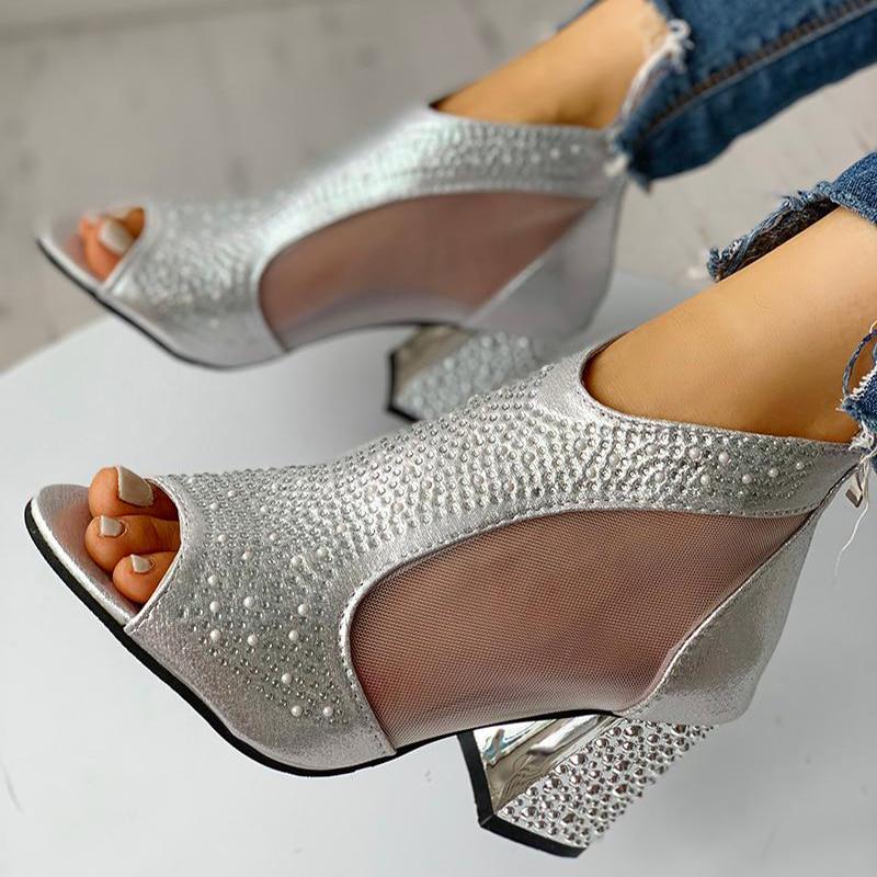 Весенние женские кожаные повседневные сандалии на каблуке, пикантные женские туфли без шнуровки на платформе с кристаллами и молнией с открытым носком