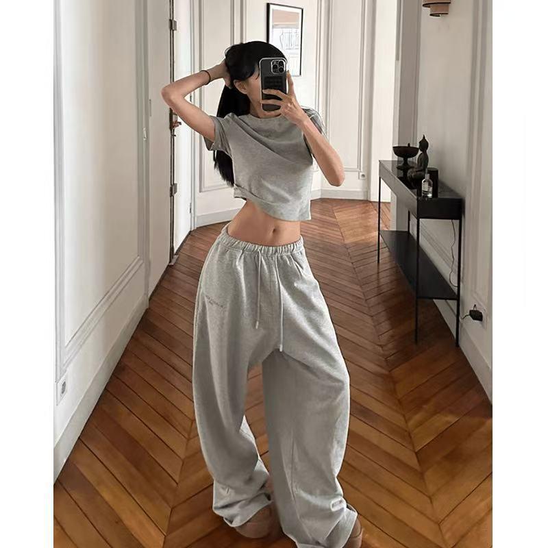 Chic Gray Casual Summer Two-Piece Set: Short Sleeve T-shirt & Wide Leg Sweatpants