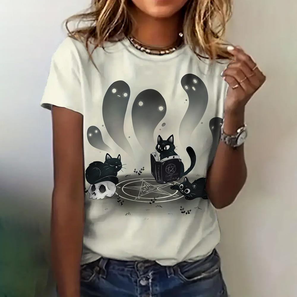 Женская футболка, летняя, с круглым вырезом, коротким рукавом, с рисунком кошки, топ, костюм на Хэллоуин, модная, свободная, с коротким рукавом, женская футболка 2024