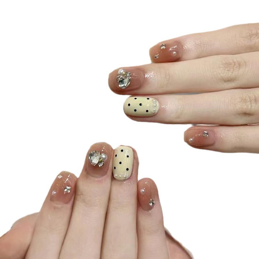 Pure Hand-wearing Nail Pieces Handmade Fake Nail Patches Temperament Princess Cute Polka Dot Nude Color Flash Diamond
