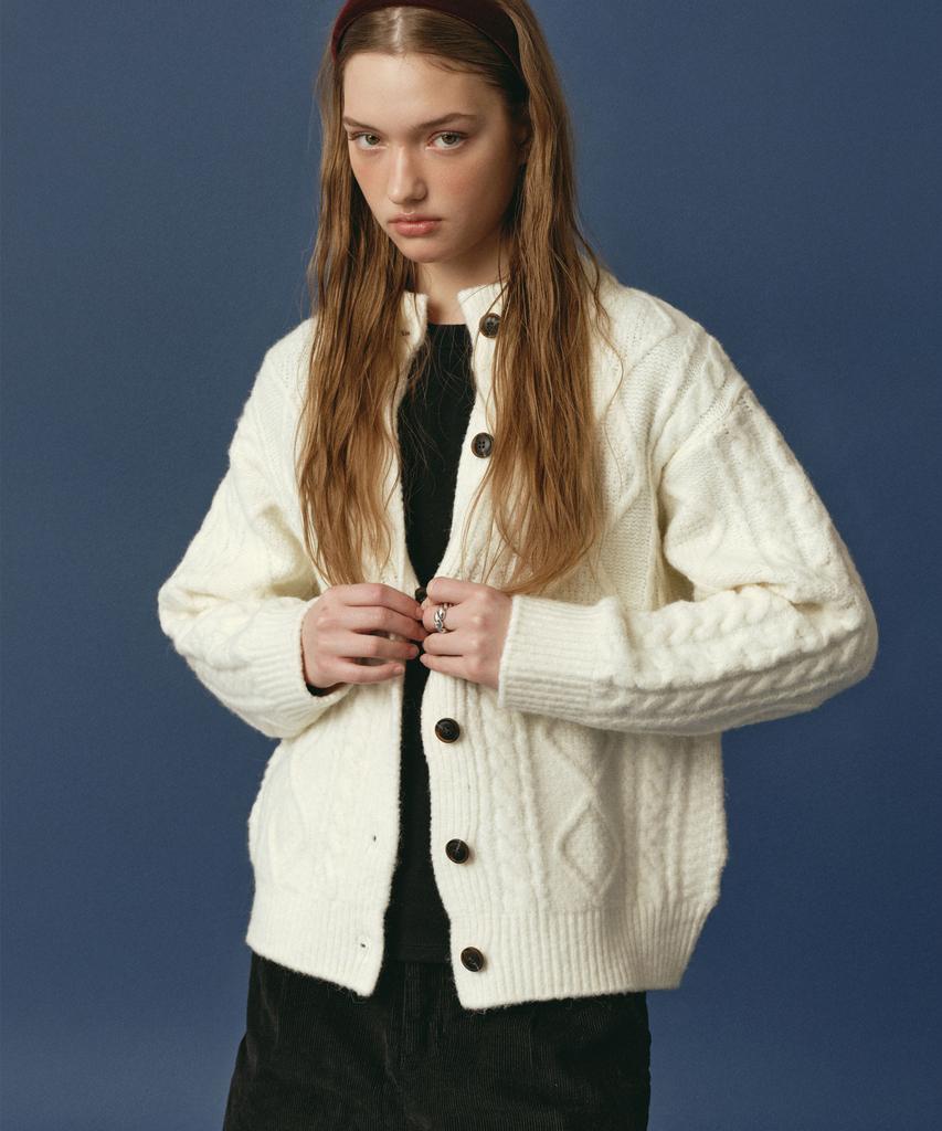 LOSSYROW Chunky Cable Knit Cardigan Ivory