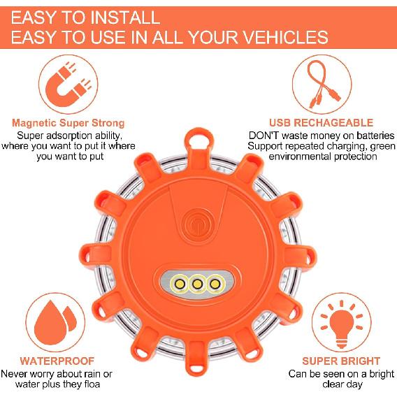 VANCLE USB-C Rechargeable LED Road Flares Roadside Emergency Light, Safety Warning Flashing Flare Beacon Disc Strobe Traffic With Magnetic Base For