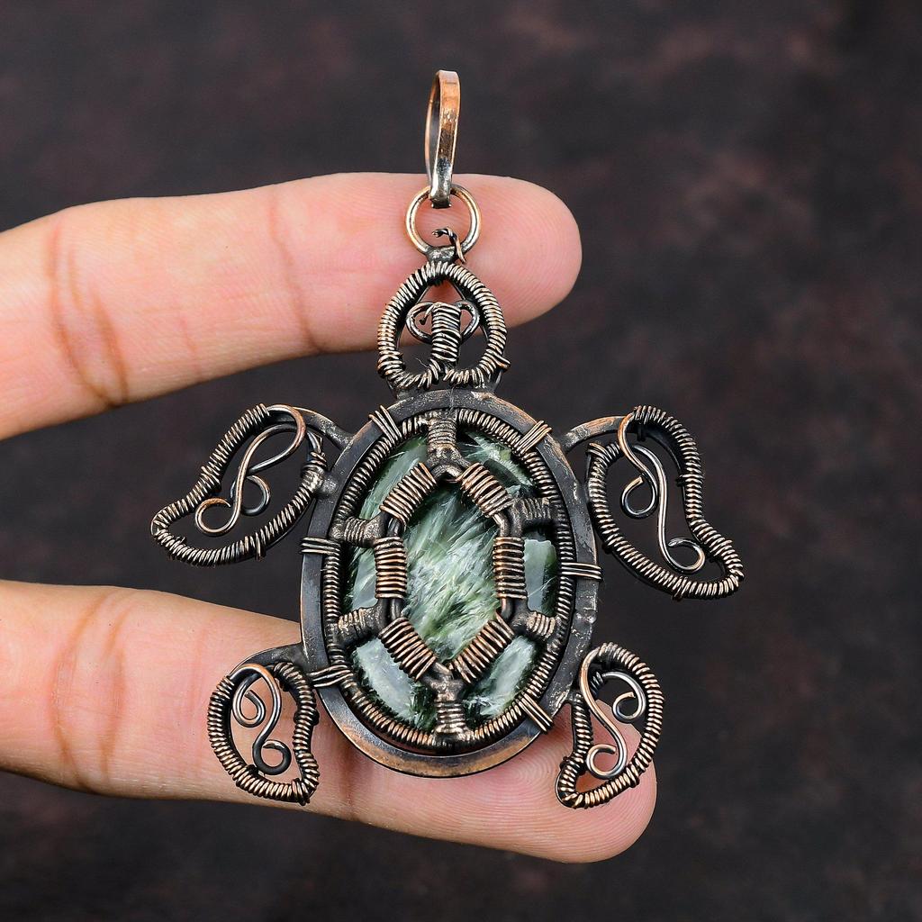 Подвеска из серафинита, подвеска, оплетенная медной проволокой, украшения из серафинита, подвеска с драгоценным камнем, подвеска с черепахой, медные украшения ручной работы, подарок для нее
