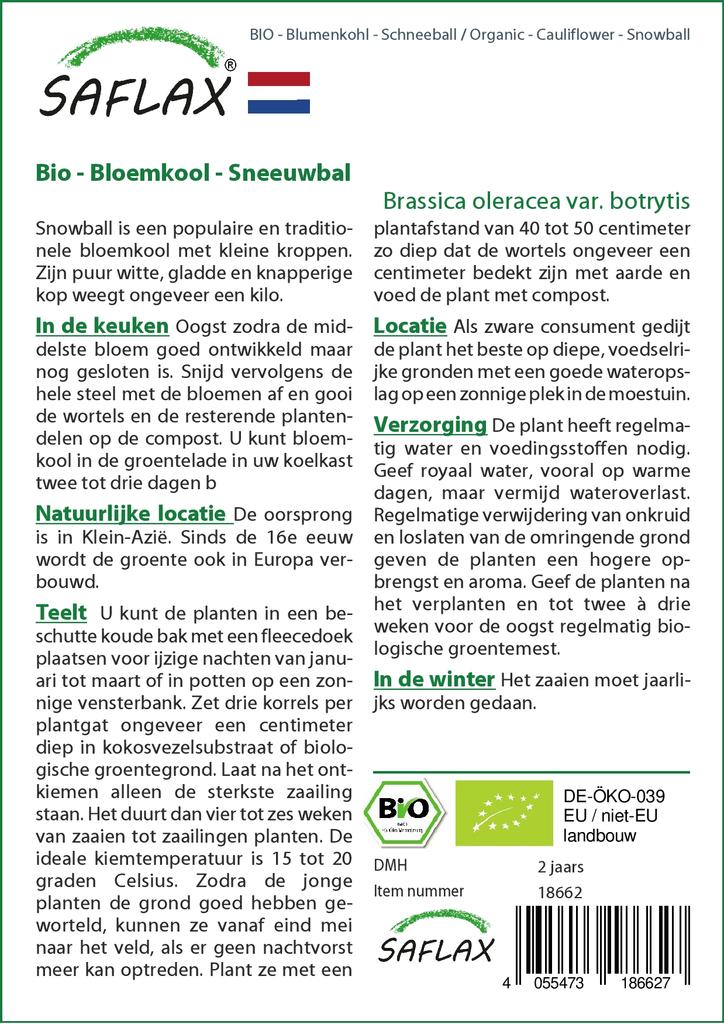 SAFLAX Organic - Цветная капуста - Снежок - 70 семян - Brassica oleracea