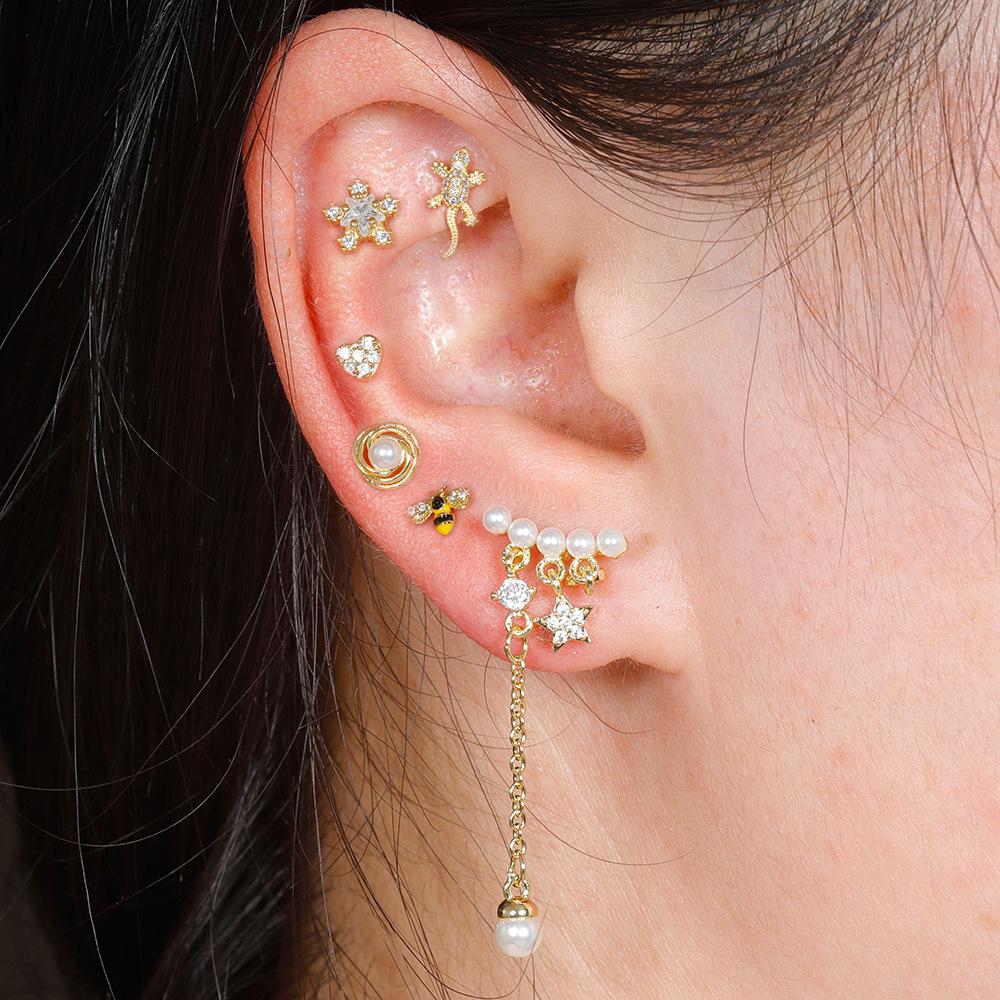 Pearl Flower Bee Zircon Earrings with Stainless Steel Needle