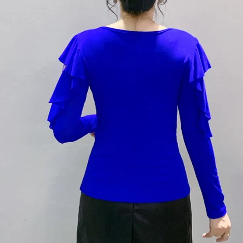 Модная весенне-осенняя корейская сексуальная футболка с V-образным вырезом и горячими стразами, шикарный ажурный топ с длинным рукавом, женские футболки, уличная одежда, эластичный сетчатый топ для девушки