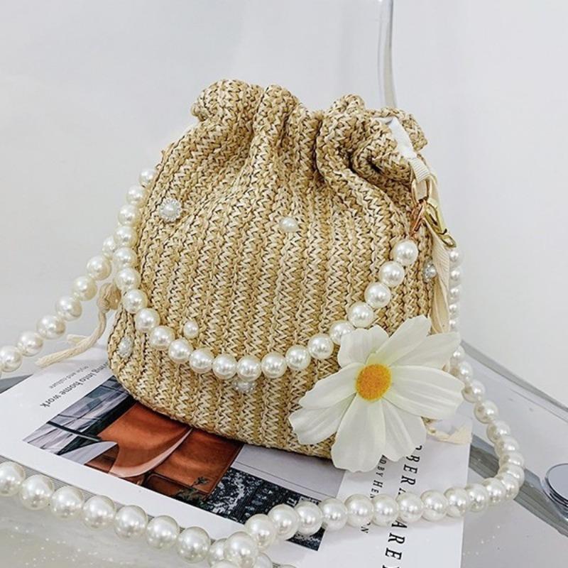 Маленькая плетеная сумка Fresh Flower с жемчужной цепочкой, сумка-тоут Holiday Wind Beach Crossbody Bucket Bag