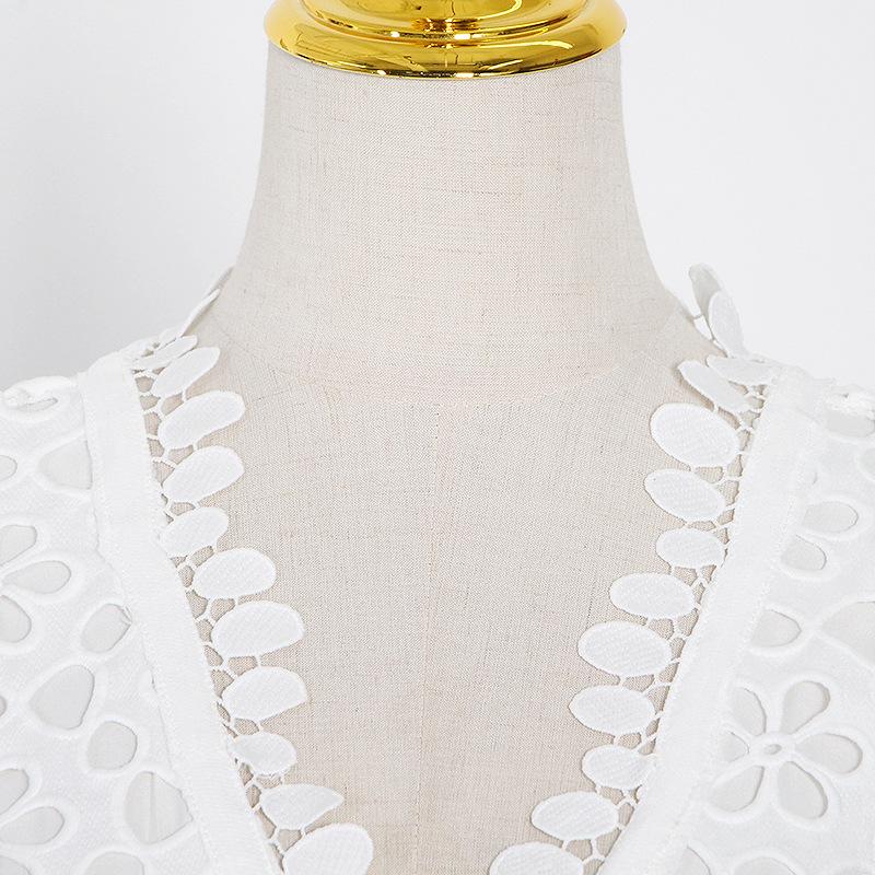 Temperament Long Women's Summer V-neck Waist Crochet Hollow French Solid Colour Swing Dress