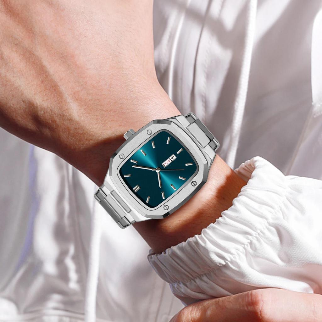 Men Square Stainless Steel Strap Watch Quartz Week Calendar Simulated Business Sports Wristwatch