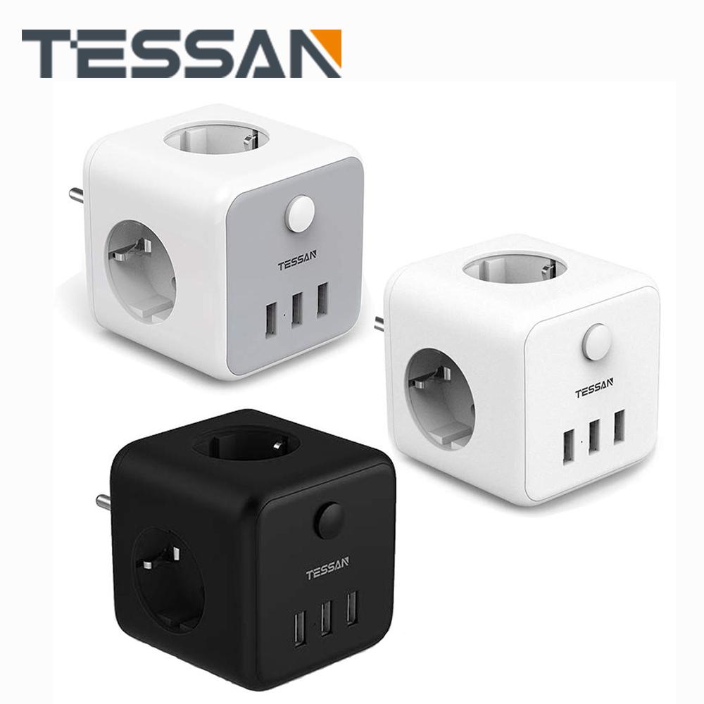 Tessan Серый/белый/черный адаптер питания с вилкой европейского стандарта с переключателем, 3 розетками и 3 портами USB, удлинитель с несколькими розетками европейского стандарта для дома, офиса, путешествий