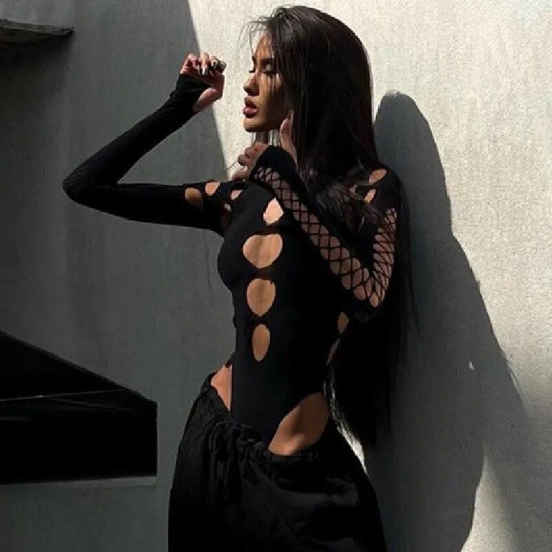 Y2K Готическое сексуальное боди в горошек для женщин Hight Street Ретро с длинными рукавами Тонкая футболка Женская шикарная уличная одежда Модный дизайн Боди