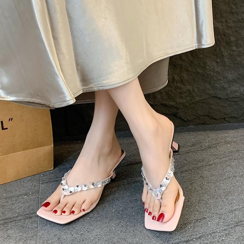 Fashion 2025 New Women Slippers Slip On Flip Flops Med High Heels Summer Shoes Woman Black Slides Crystals Pink Sandalias