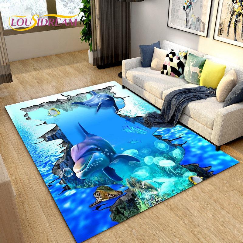 3D иллюзия морского дна, подводный мир, коврик с дельфином и акулой, коврик для гостиной, спальни, дивана, коврик, нескользящий напольный коврик