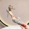 Сандалии женские летние 2025 новые туфли с сумкой на голове с бантом на высоком каблуке фея остроносые туфли в стиле принцессы туфли