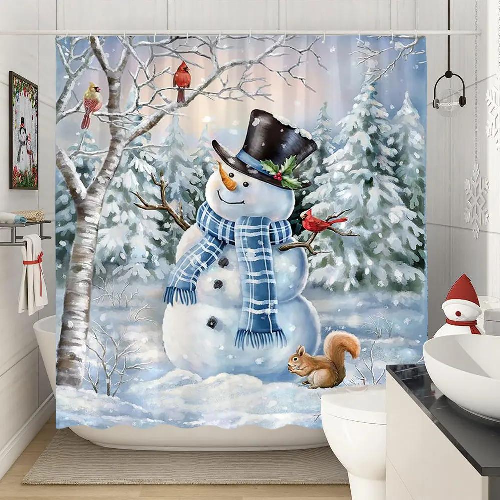 Зимняя Рождественская Занавеска для Душа Рождественский Олень Природа Лес Снежный Пейзаж Фермерский Дом Занавеска для Ванной Полиэстеровая Ткань Декор для Ванной