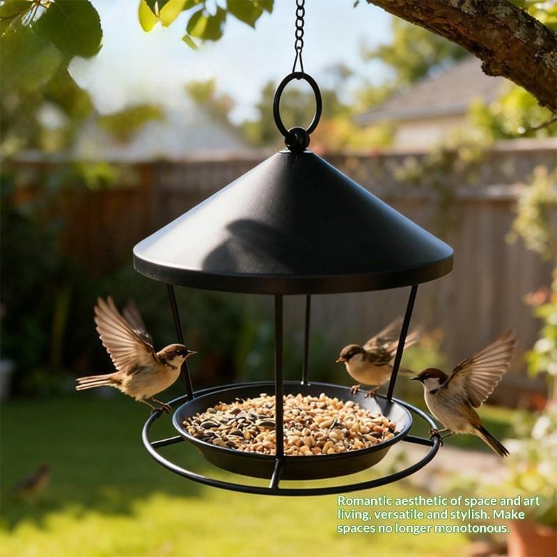 Easy Installation Hanging Iron Bird Feeder With Decorative Rings Design For Garden Decoration Outdoor Accessory